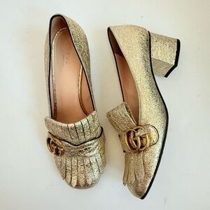 Gucci Gold Metallic leather GG fringe Marmont 55mm Heeled Loafer pumps EU 38